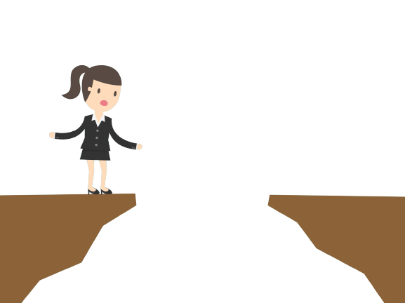 Business woman on cliff in front of gap